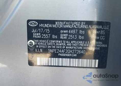 2016 Hyundai Sonata Se z USA, uszkodzony, nr VIN 5NPE24AF2GH272640